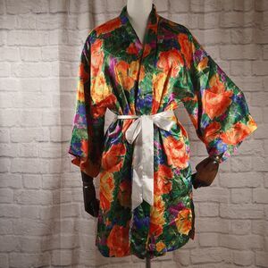 Vtg Victorias Secret Gold Label Small Robe Kimono Satin Short Floral Hong Kong